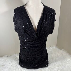 INC International Concepts Black Sequin Blouse Holiday Ready